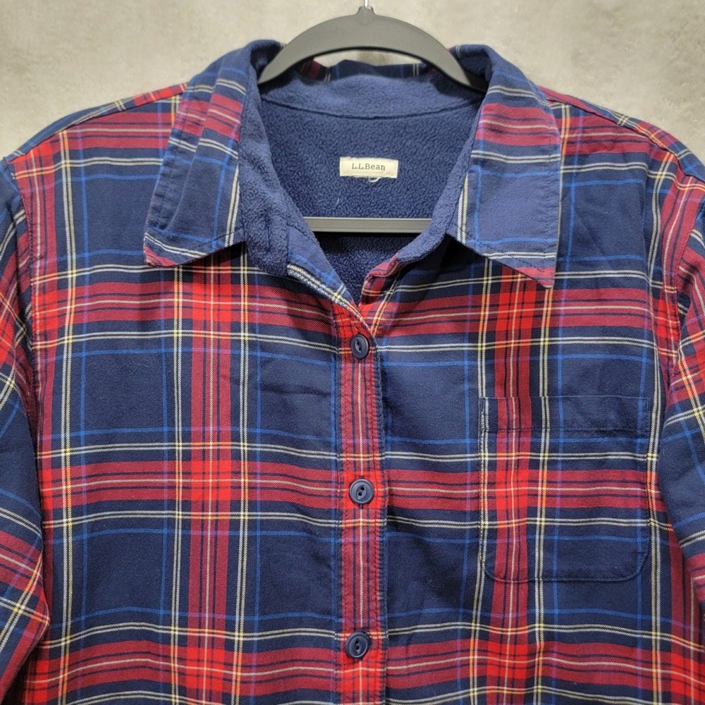 LLBean Womens‎ Flannel Lined Shirt Jacket Red Blue Plaid Fleece Warm Size XL